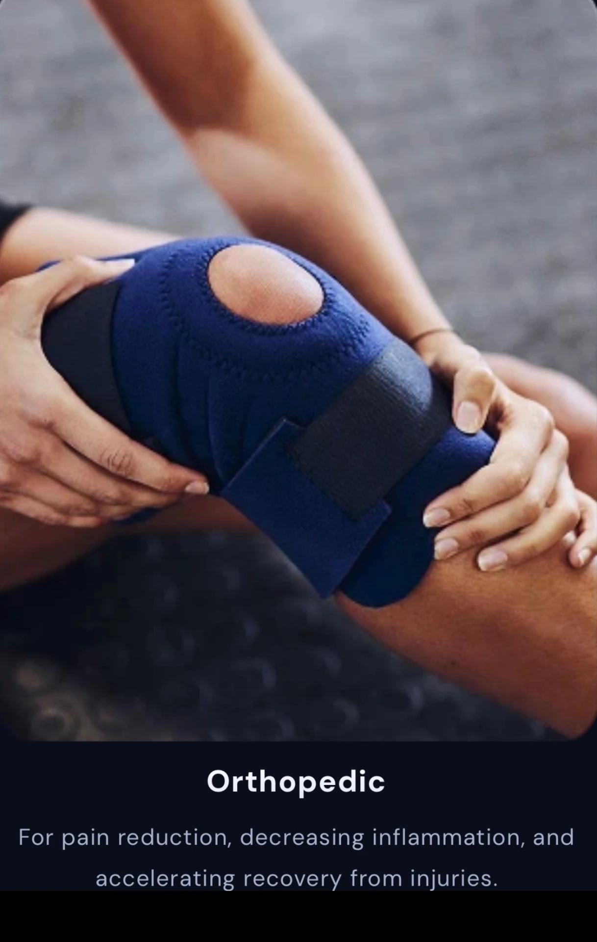 Person holding a braced knee before an orthopedic localized cryotherapy session