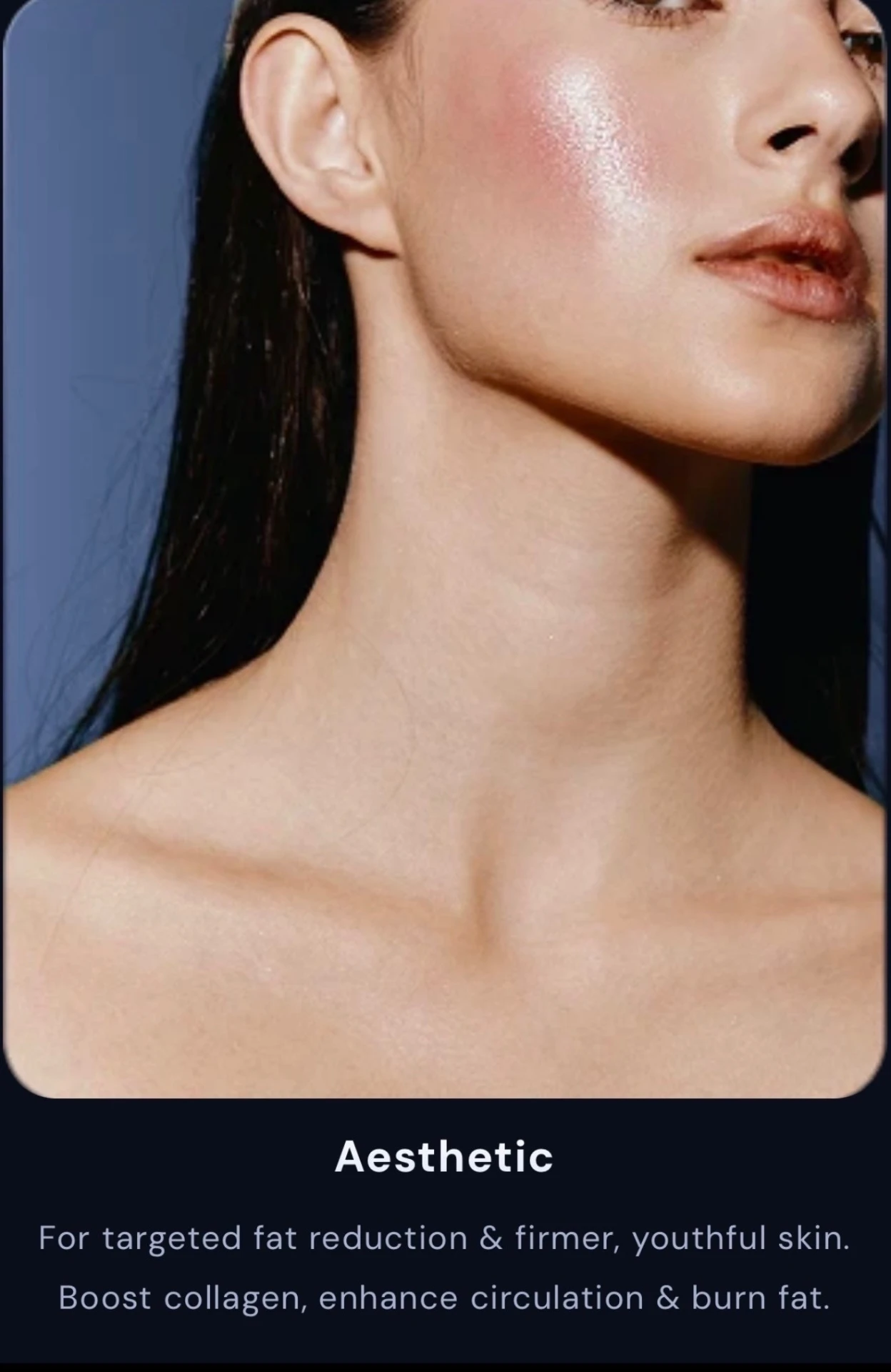 Close-up of a woman's face and neck with bright, firm skin after a cryo aesthetic treatment